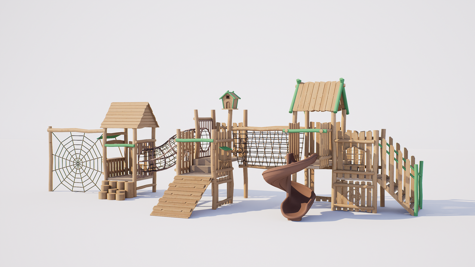 wooden outdoor playground with slides climbing nets and rope bridges EN1176 certified