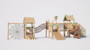 wooden outdoor playground with slides climbing nets and rope bridges EN1176 certified
