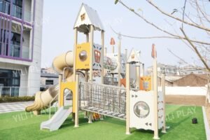 HPL outdoor playground set with aluminum posts, slides, and rope bridges EN1176 certified