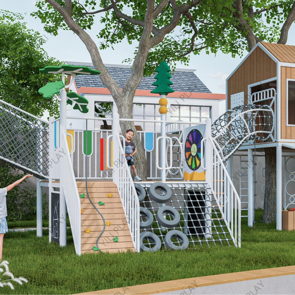 plastic wood treehouse outdoor playground equipment with slides, climbing nets, and role-play features