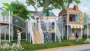 plastic wood treehouse outdoor playground equipment with slides, climbing nets, and role-play features