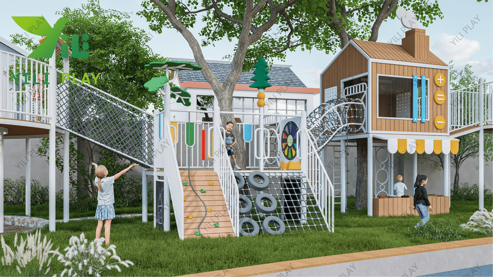 plastic wood treehouse outdoor playground equipment with slides, climbing nets, and role-play features