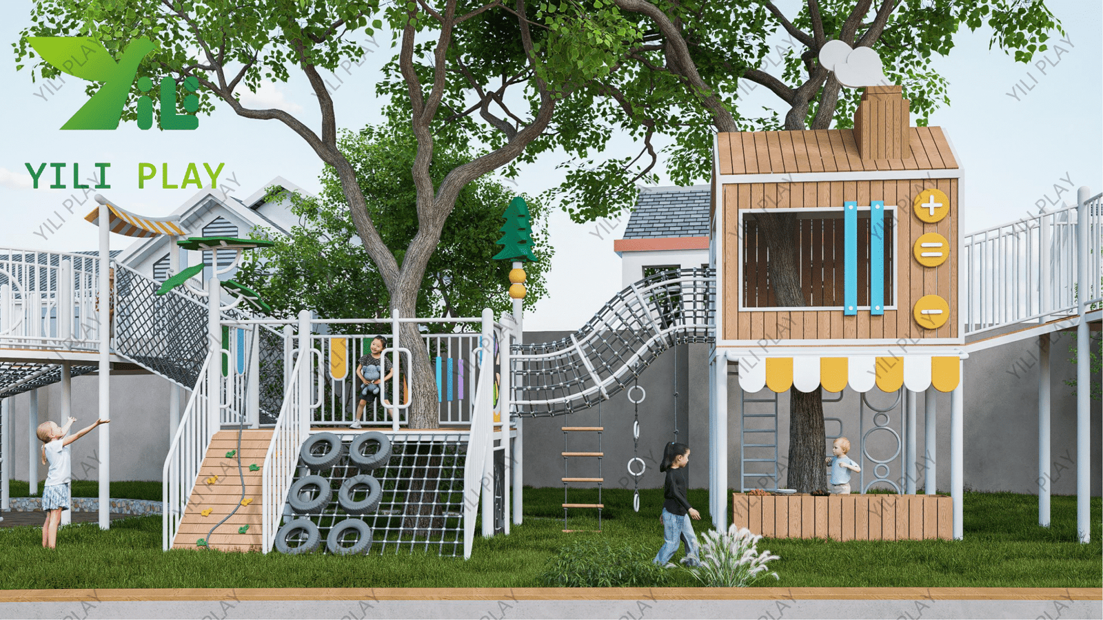 plastic wood treehouse outdoor playground equipment with slides, climbing nets, and role-play features