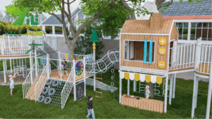 plastic wood treehouse outdoor playground equipment with slides, climbing nets, and role-play features