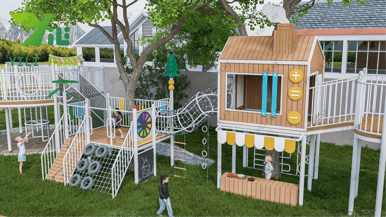plastic wood treehouse outdoor playground equipment with slides, climbing nets, and role-play features
