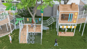 plastic wood treehouse outdoor playground equipment with slides, climbing nets, and role-play features