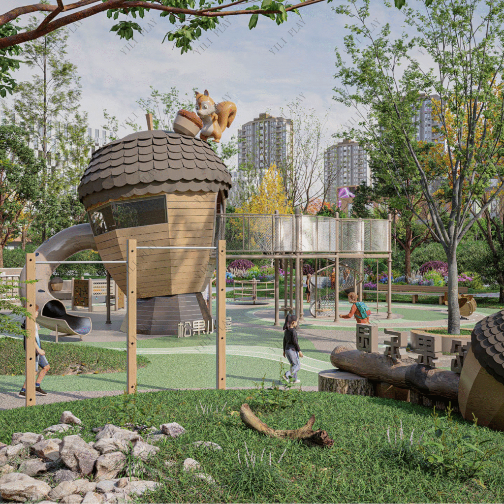 plastic wood outdoor playground pinecone theme with climbing nets, slides, and themed playhouse