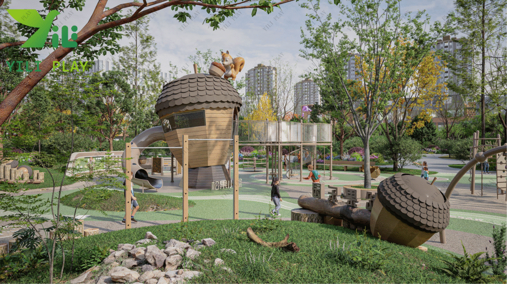 plastic wood outdoor playground pinecone theme with climbing nets, slides, and themed playhouse