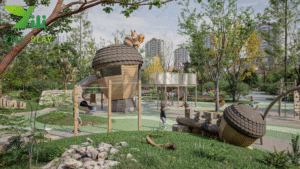 plastic wood outdoor playground pinecone theme with climbing nets, slides, and themed playhouse