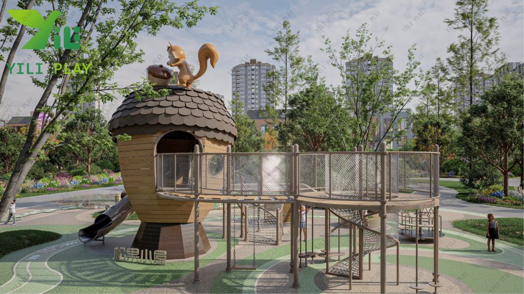 plastic wood outdoor playground pinecone theme with climbing nets, slides, and themed playhouse