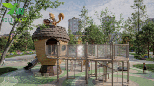 plastic wood outdoor playground pinecone theme with climbing nets, slides, and themed playhouse