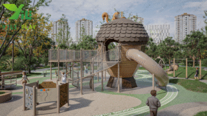 plastic wood outdoor playground pinecone theme with climbing nets, slides, and themed playhouse