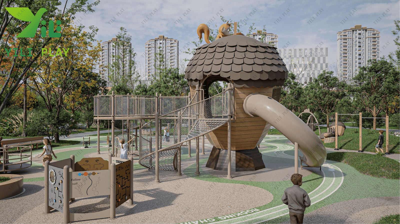 plastic wood outdoor playground pinecone theme with climbing nets, slides, and themed playhouse