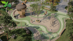 plastic wood outdoor playground pinecone theme with climbing nets, slides, and themed playhouse