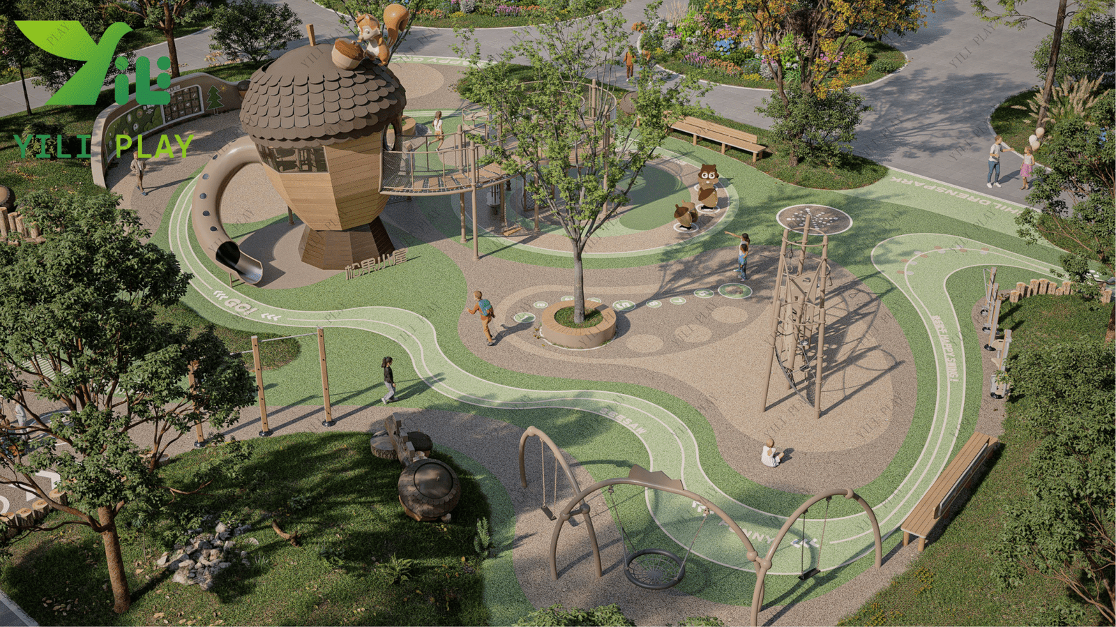 plastic wood outdoor playground pinecone theme with climbing nets, slides, and themed playhouse