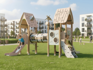 HPL and PE board playground with slides and climbing tunnel EN1176 certified