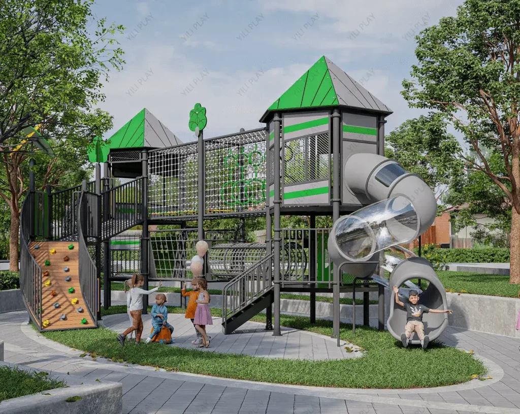 Macau Guanyin outdoor playground with climbing nets, tower structures, and transparent spiral tube slides