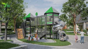 Macau Guanyin outdoor playground with climbing nets, tower structures, and transparent spiral tube slides