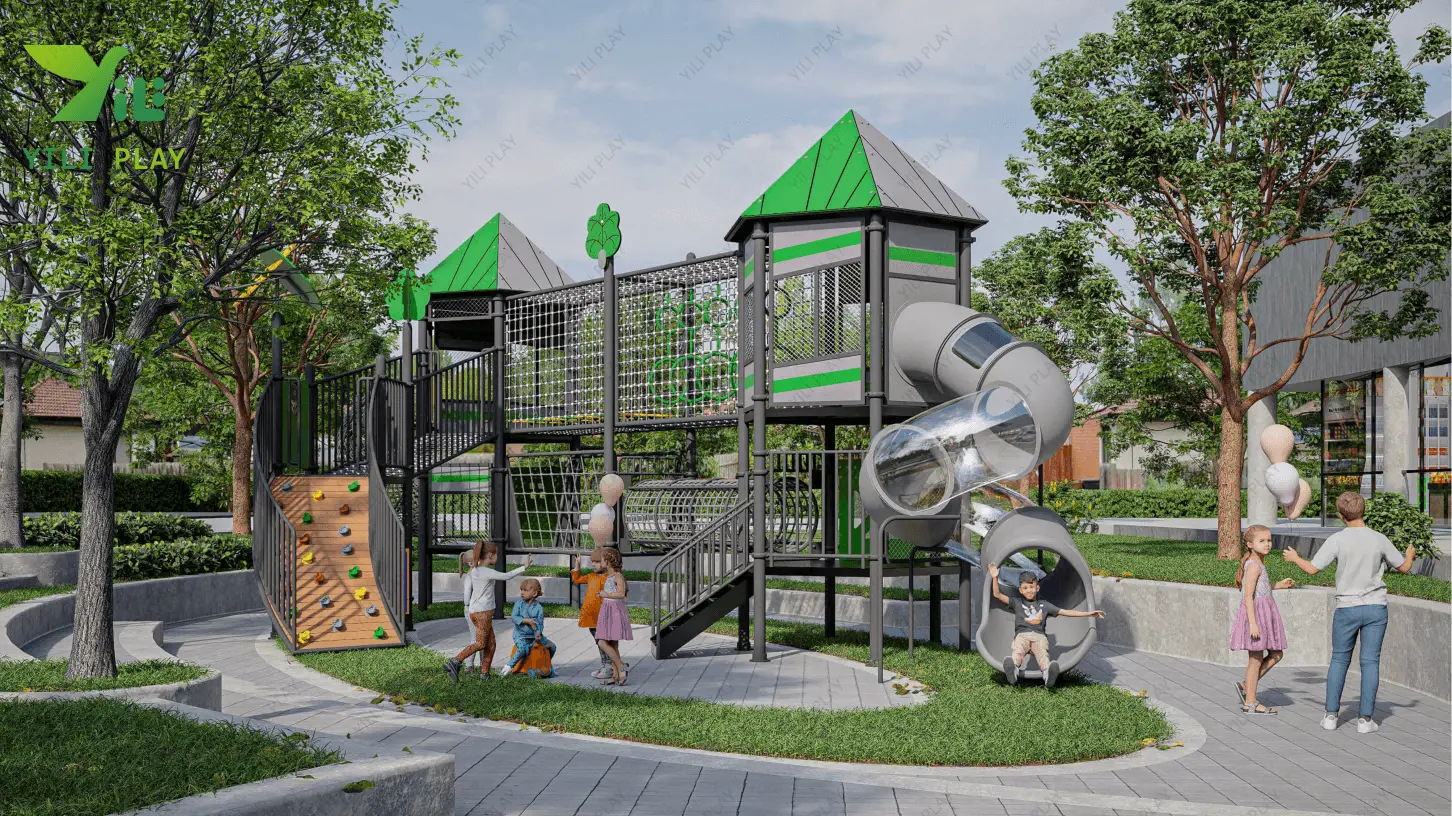 Macau Guanyin outdoor playground with climbing nets, tower structures, and transparent spiral tube slides