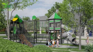 Macau Guanyin outdoor playground with climbing nets, tower structures, and transparent spiral tube slides