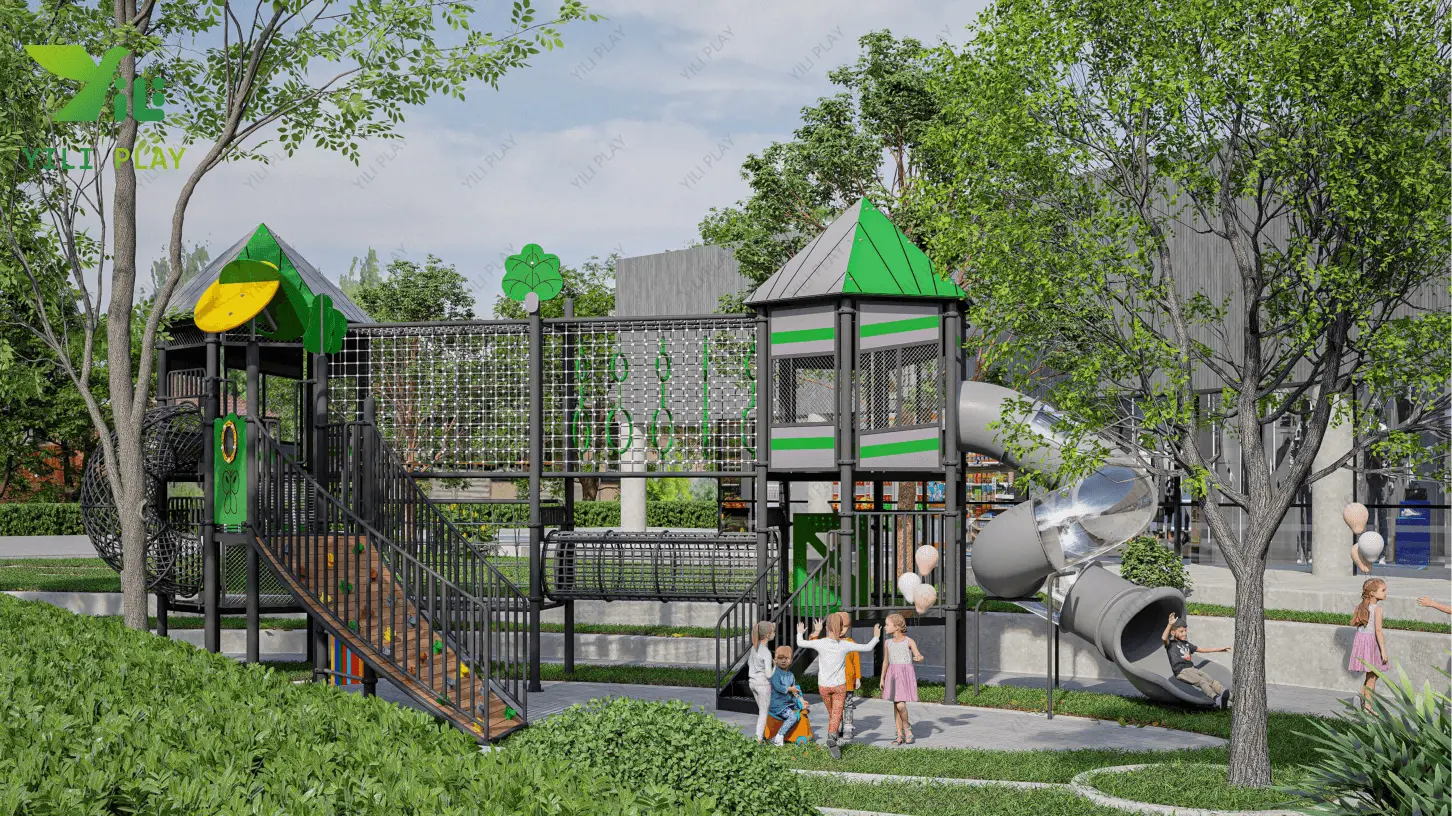 Macau Guanyin outdoor playground with climbing nets, tower structures, and transparent spiral tube slides