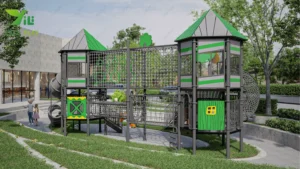 Macau Guanyin outdoor playground with climbing nets, tower structures, and transparent spiral tube slides