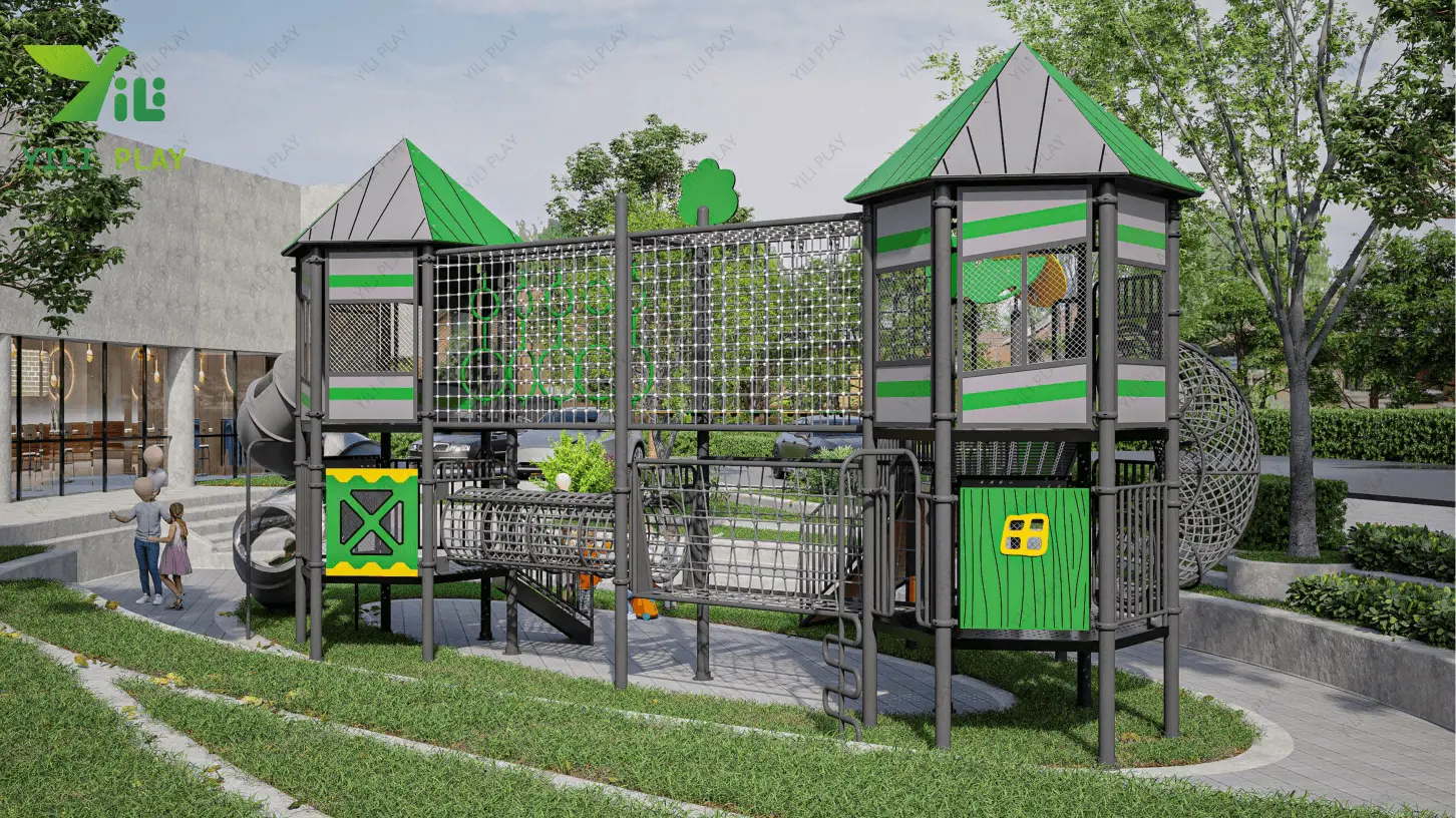 Macau Guanyin outdoor playground with climbing nets, tower structures, and transparent spiral tube slides