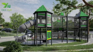 Macau Guanyin outdoor playground with climbing nets, tower structures, and transparent spiral tube slides