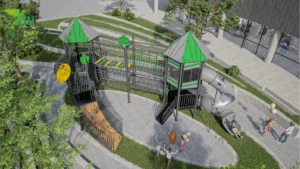 Macau Guanyin outdoor playground with climbing nets, tower structures, and transparent spiral tube slides