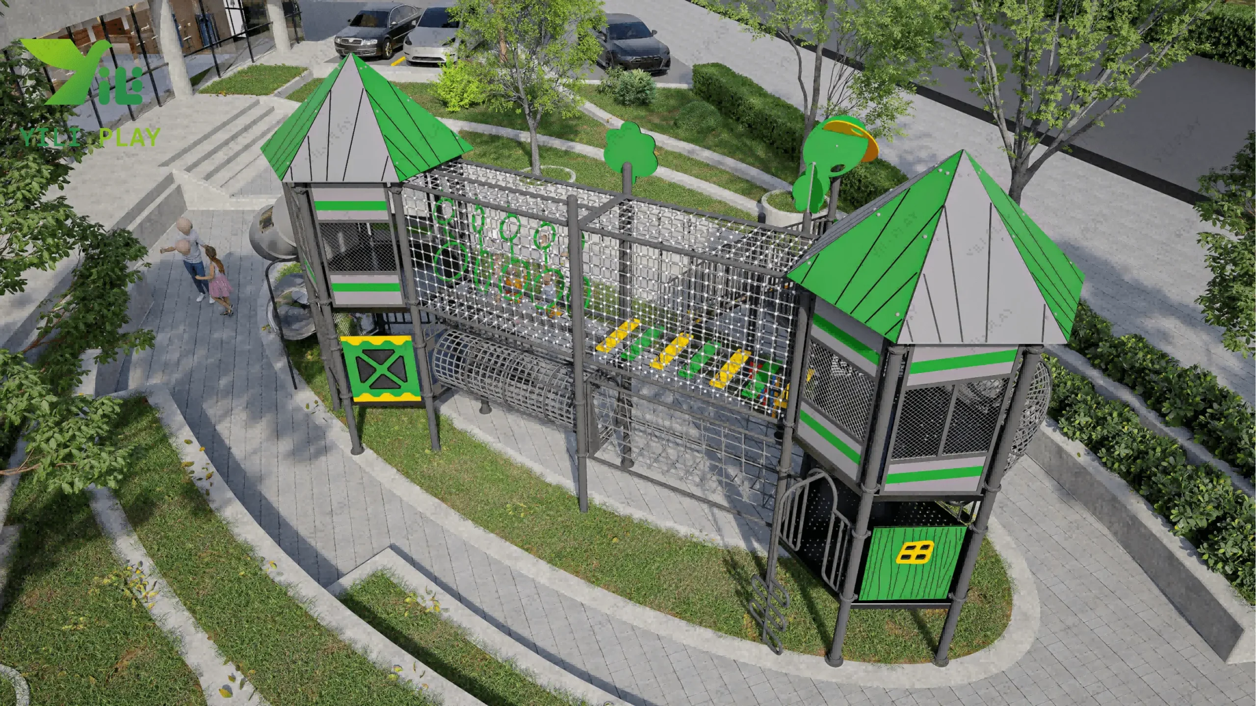 Macau Guanyin outdoor playground with climbing nets, tower structures, and transparent spiral tube slides