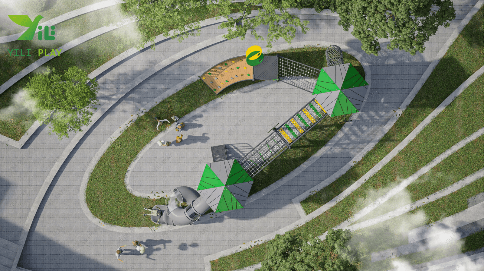 Macau Guanyin outdoor playground with climbing nets, tower structures, and transparent spiral tube slides