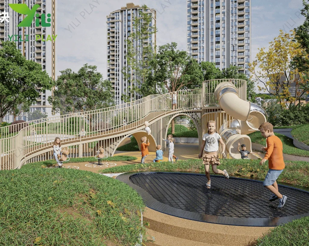 Beige outdoor playground equipment with minimalist design, transparent tube slides, and climbing structures in a residential community