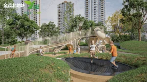 Beige outdoor playground equipment with minimalist design, transparent tube slides, and climbing structures in a residential community