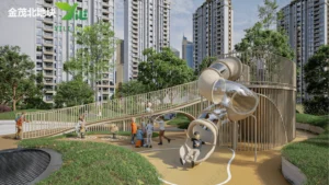 Beige outdoor playground equipment with minimalist design, transparent tube slides, and climbing structures in a residential community