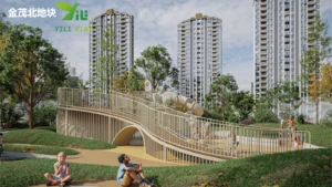 Beige outdoor playground equipment with minimalist design, transparent tube slides, and climbing structures in a residential community