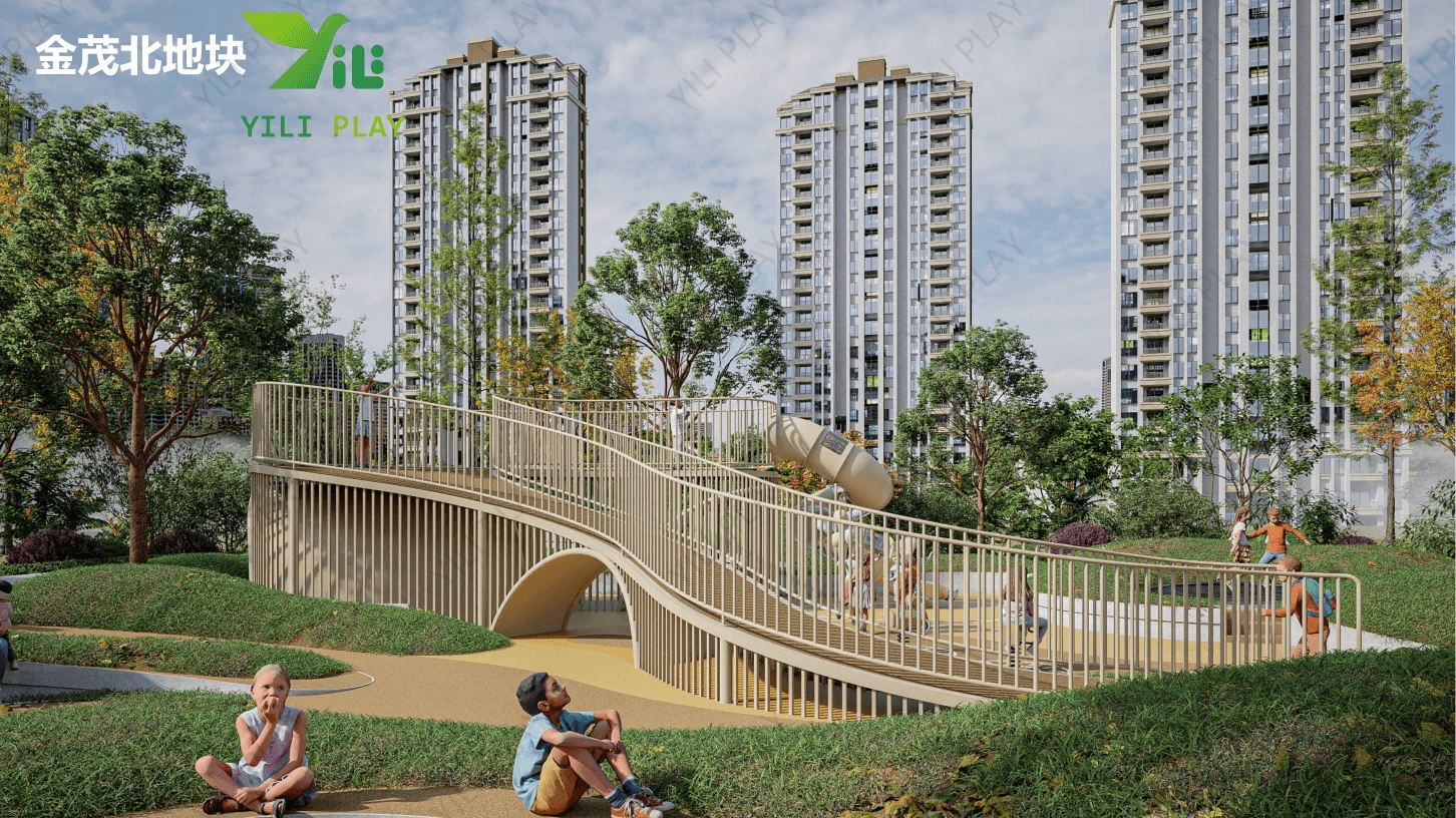 Beige outdoor playground equipment with minimalist design, transparent tube slides, and climbing structures in a residential community