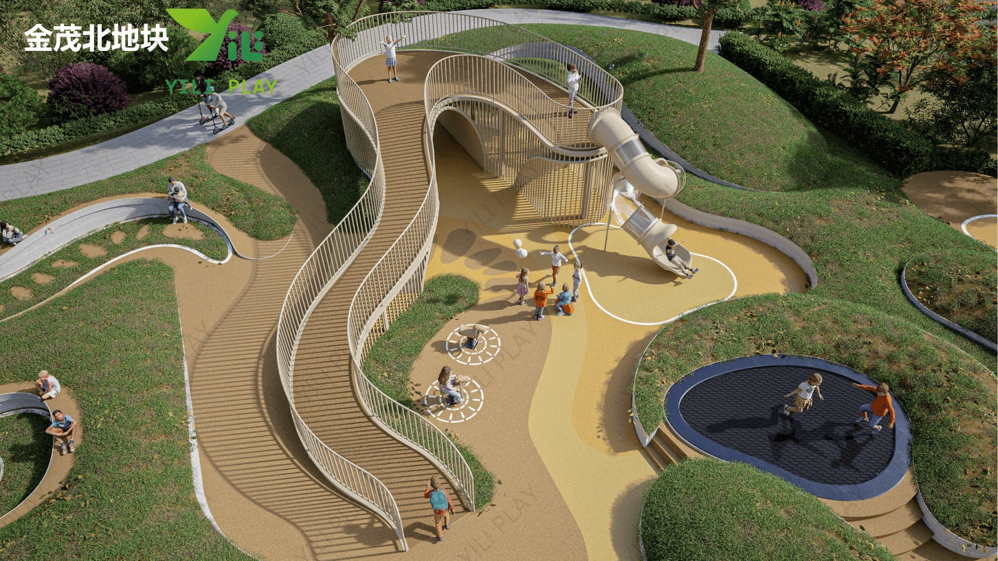 Beige outdoor playground equipment with minimalist design, transparent tube slides, and climbing structures in a residential community