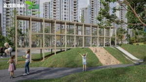 Beige outdoor playground equipment with minimalist design, transparent tube slides, and climbing structures in a residential community