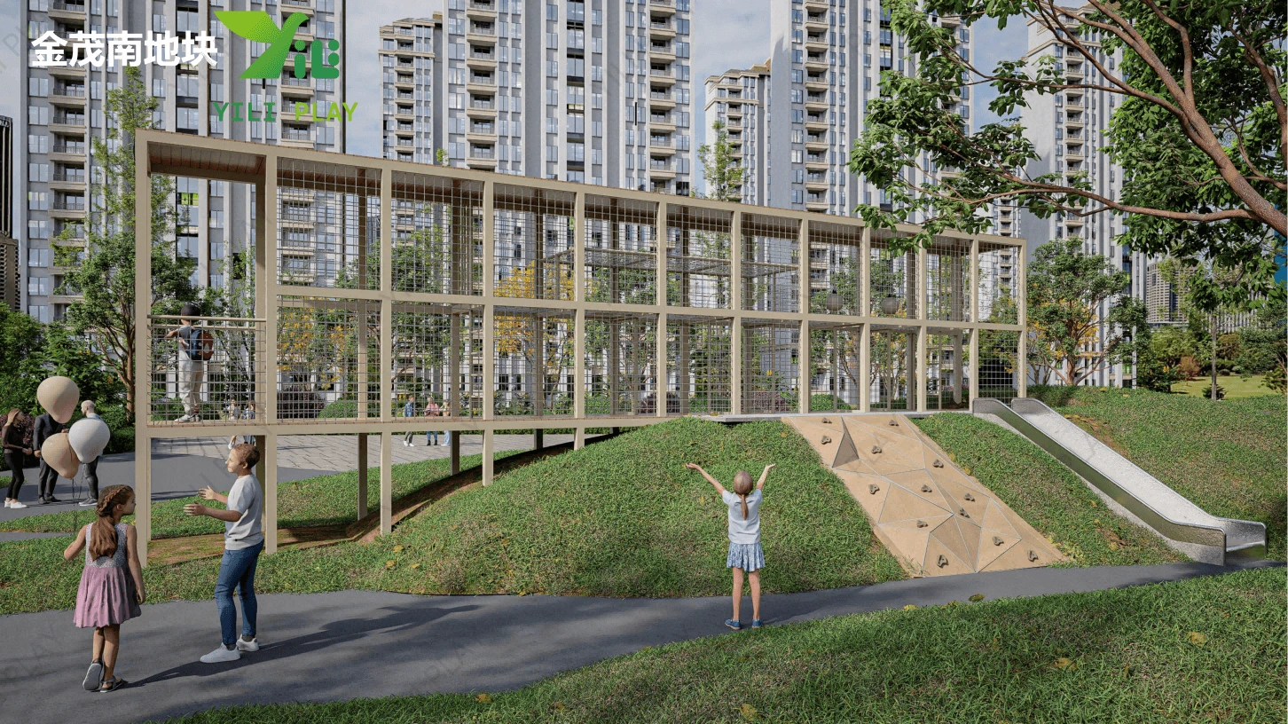 Beige outdoor playground equipment with minimalist design, transparent tube slides, and climbing structures in a residential community