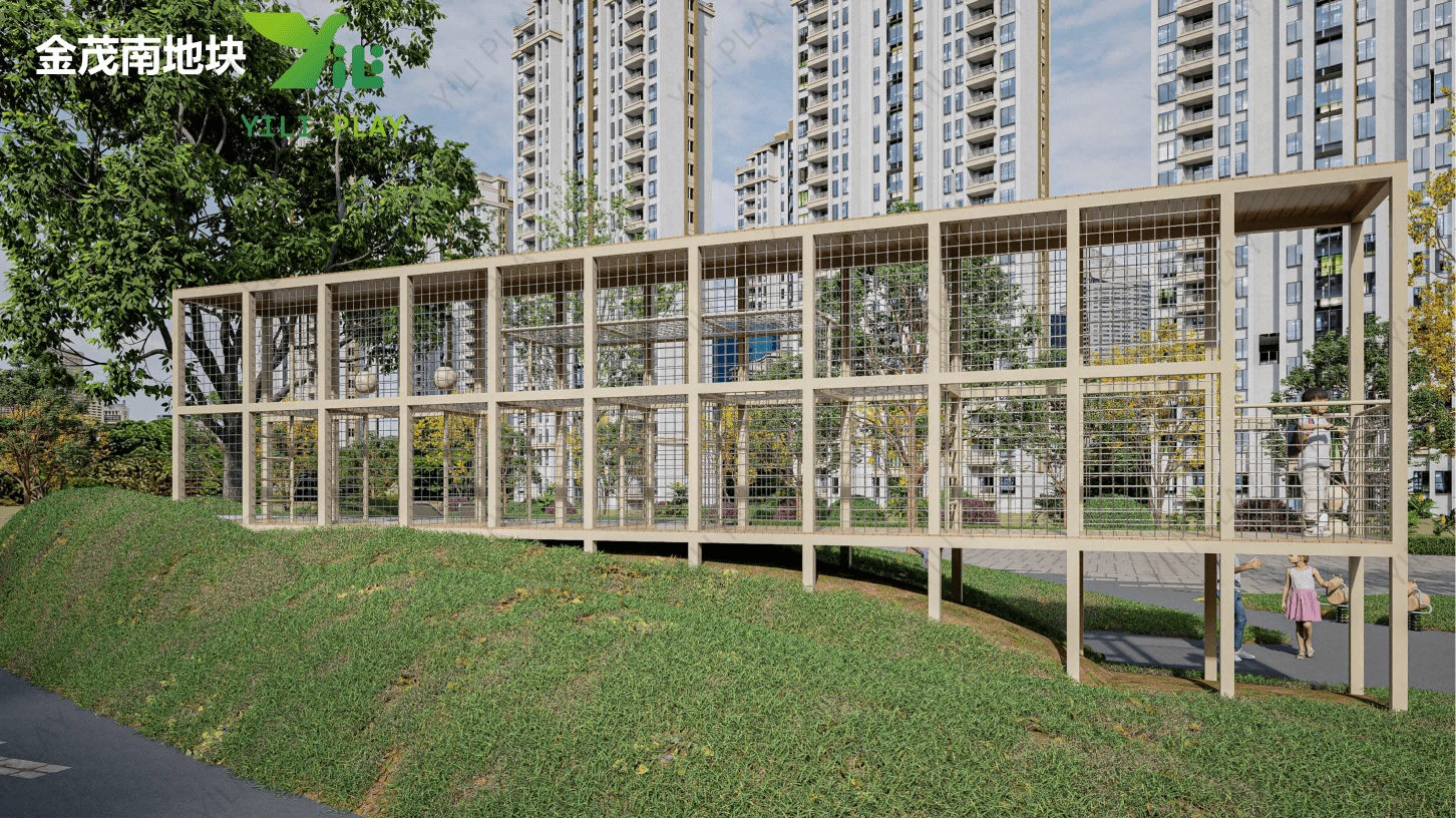 Beige outdoor playground equipment with minimalist design, transparent tube slides, and climbing structures in a residential community