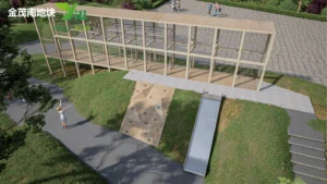 Beige outdoor playground equipment with minimalist design, transparent tube slides, and climbing structures in a residential community