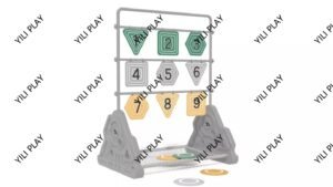 children playing with outdoor throwing play equipment, colorful target boards, and ball-catching games