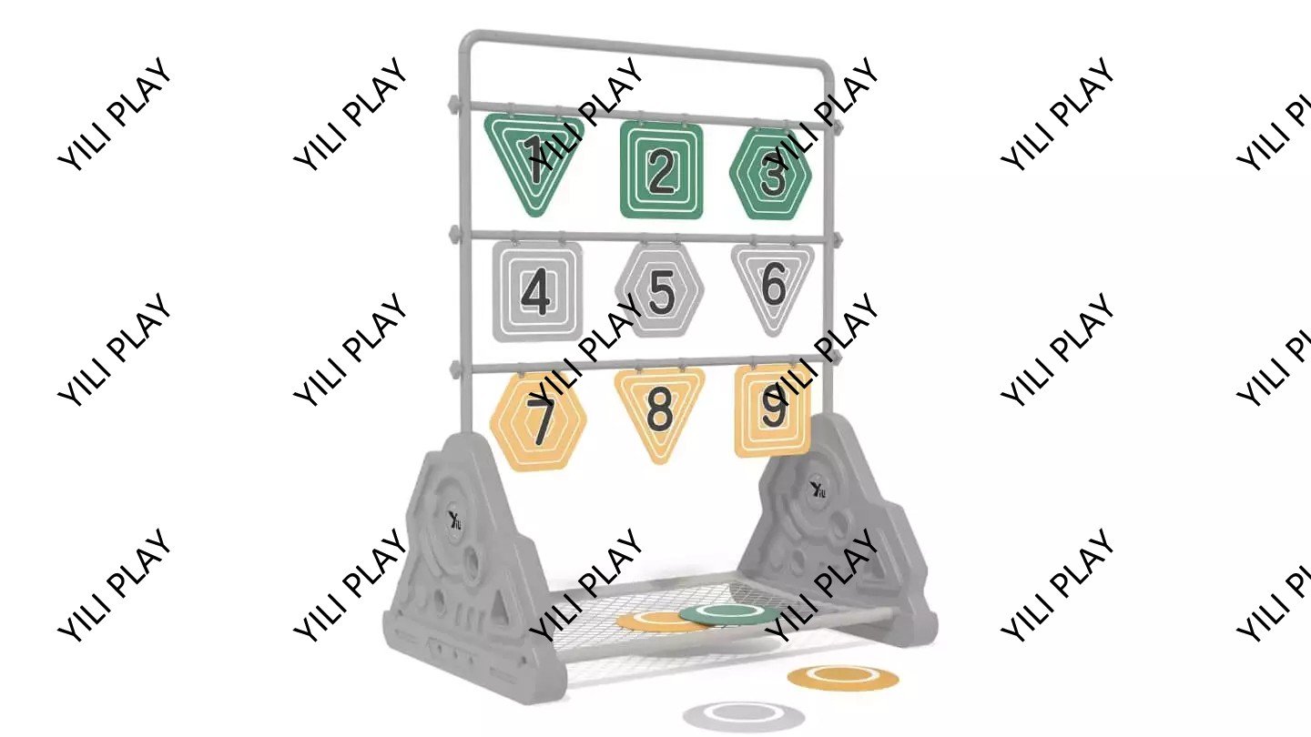 children playing with outdoor throwing play equipment, colorful target boards, and ball-catching games