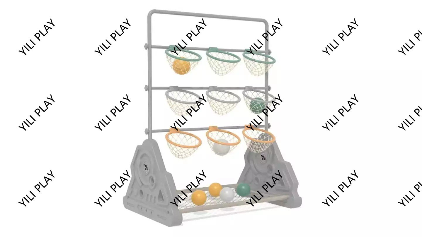 children playing with outdoor throwing play equipment, colorful target boards, and ball-catching games