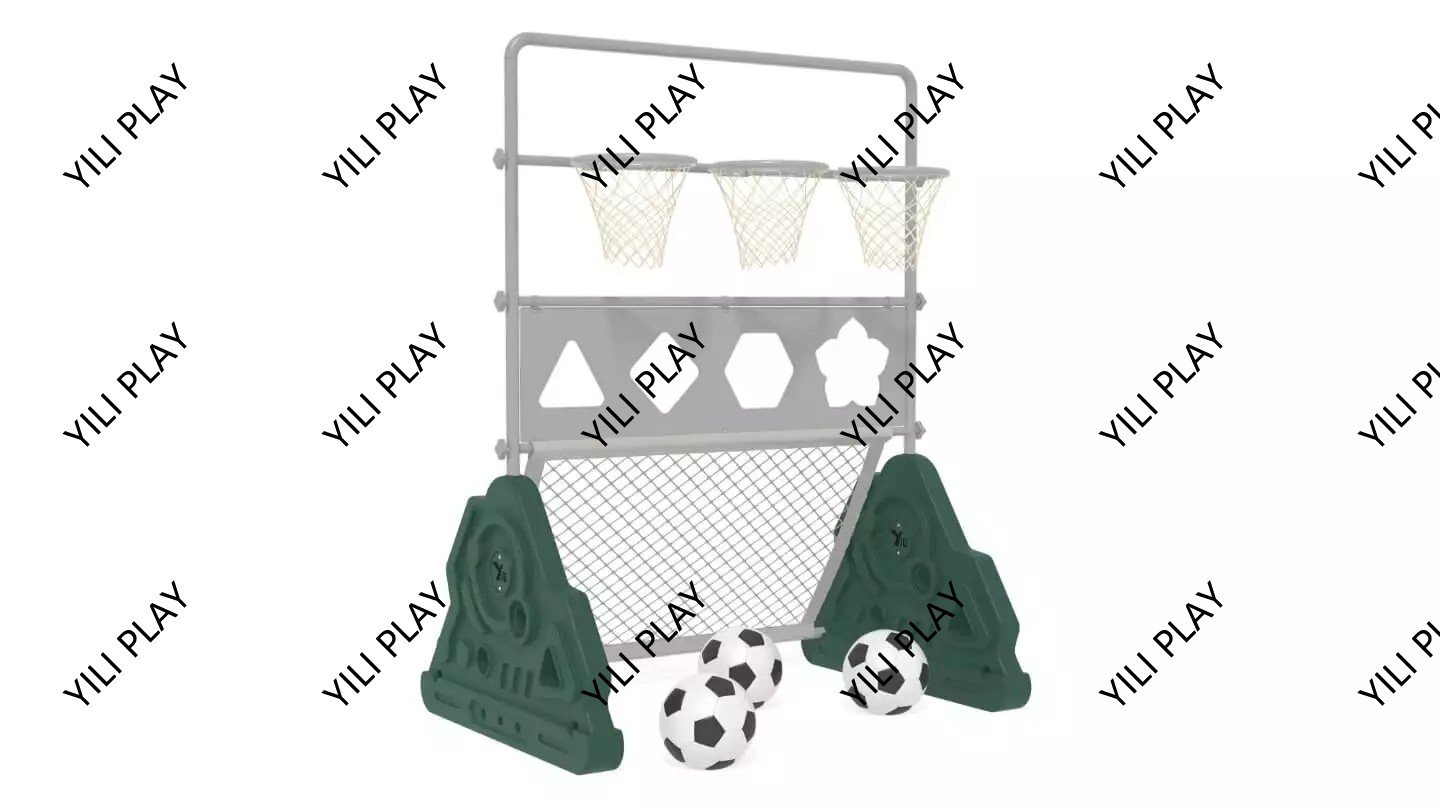 children playing with outdoor throwing play equipment, colorful target boards, and ball-catching games