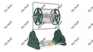 children playing with outdoor throwing play equipment, colorful target boards, and ball-catching games