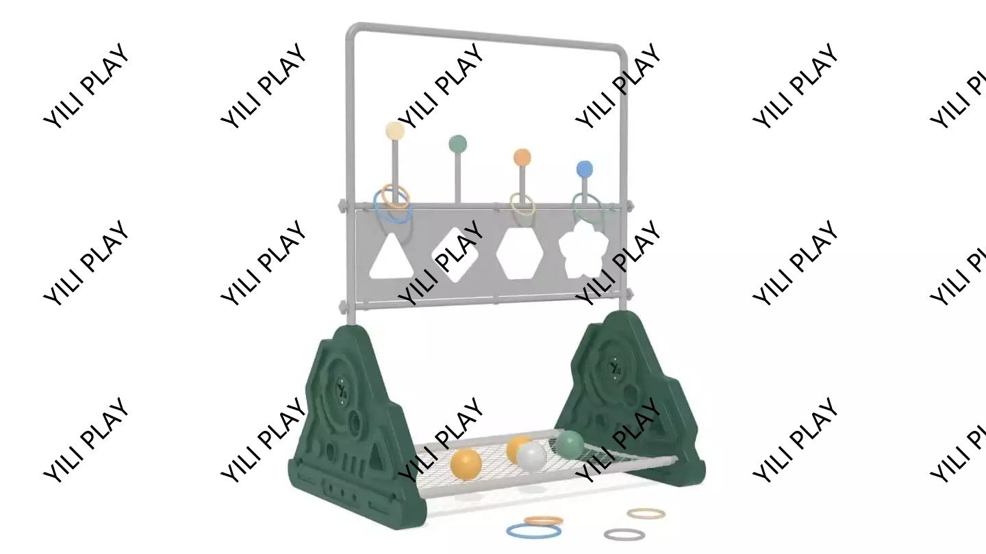 children playing with outdoor throwing play equipment, colorful target boards, and ball-catching games