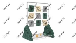 children playing with outdoor throwing play equipment, colorful target boards, and ball-catching games