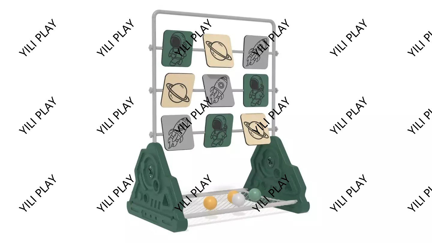 children playing with outdoor throwing play equipment, colorful target boards, and ball-catching games