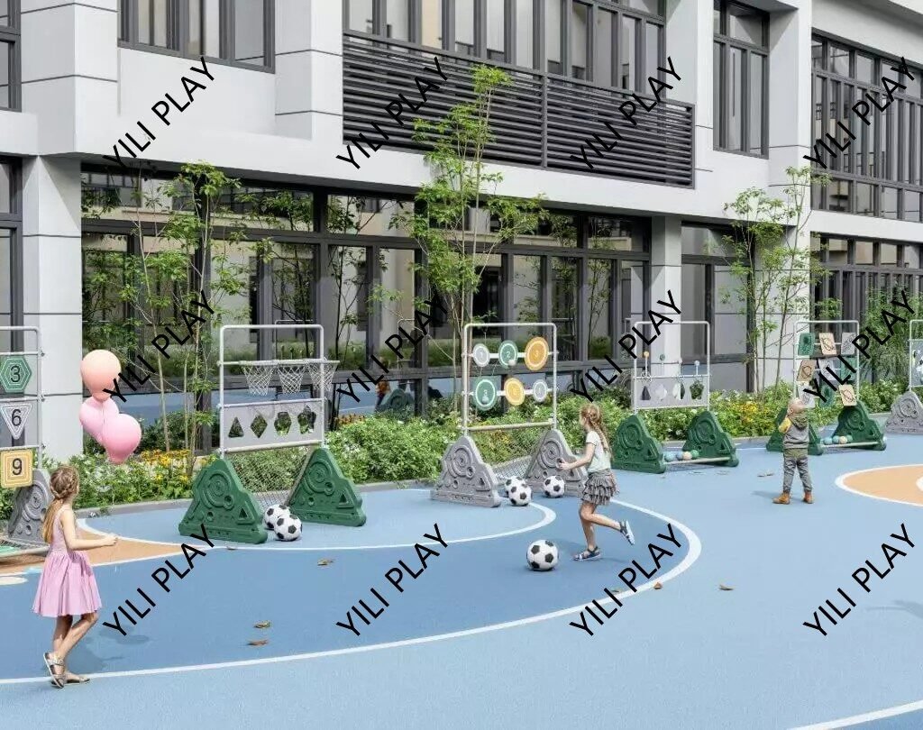 children playing with outdoor throwing play equipment, colorful target boards, and ball-catching games